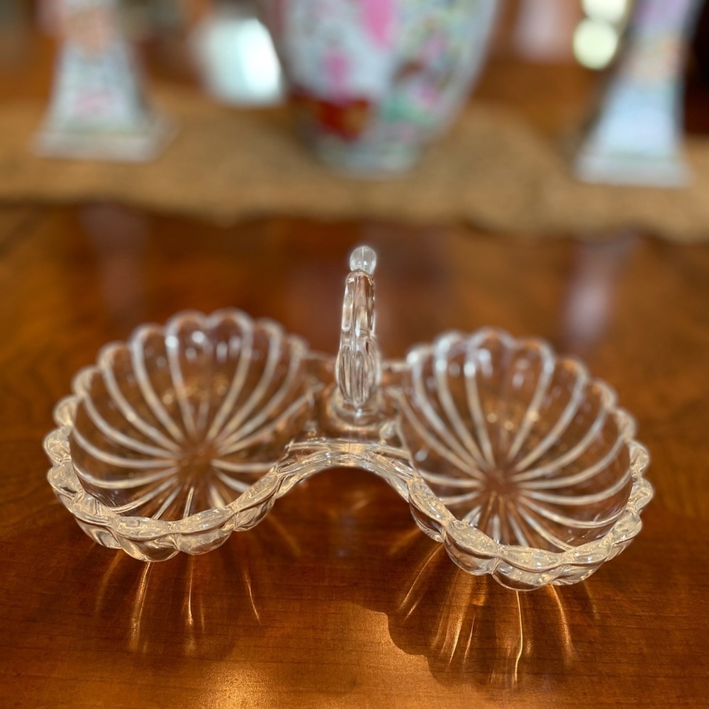 Vintage Heisey Crystolite Clear Blown Glass Handled 2 Part Conserve Relish Dish